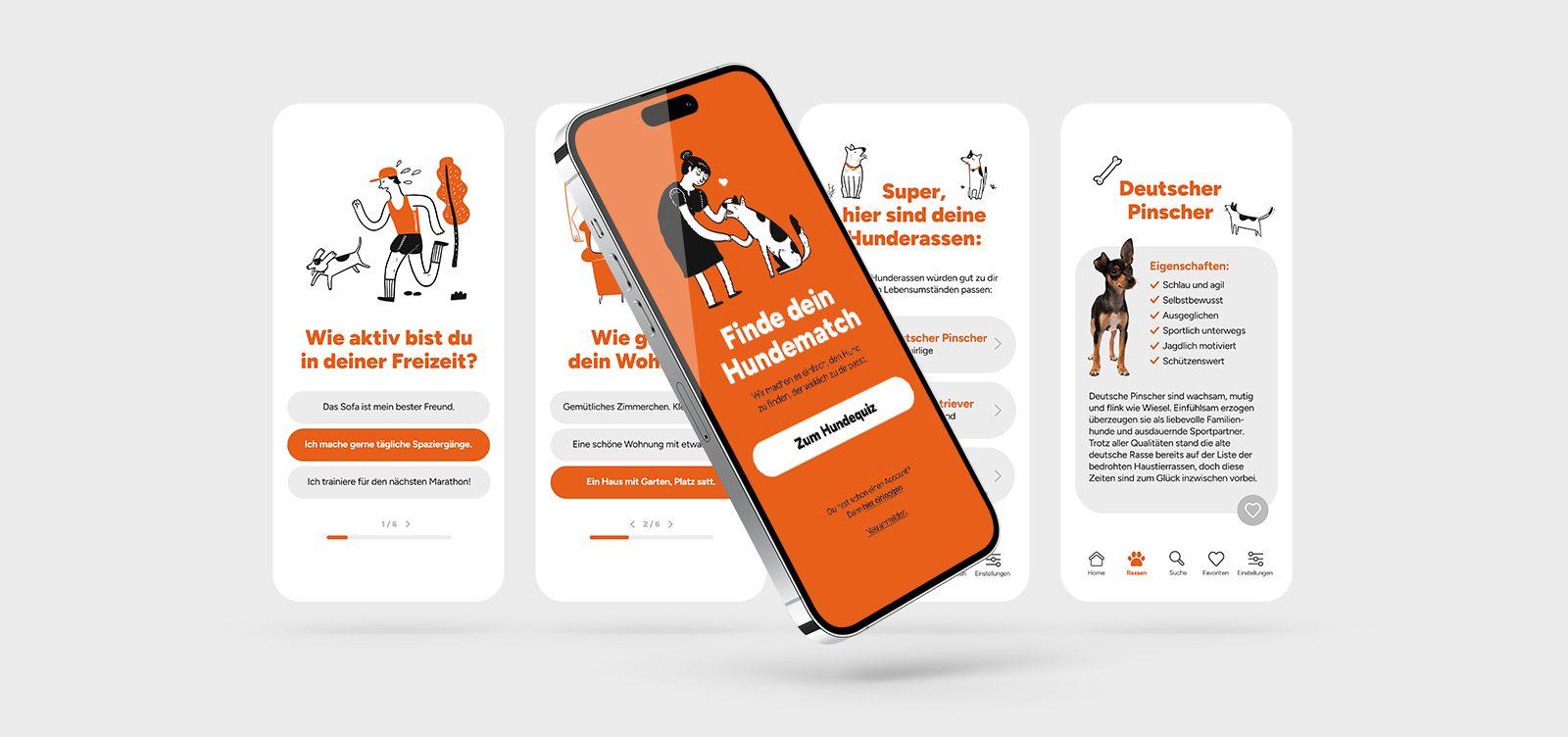 Mockup der App „Paws“ mit Welcome Screen im Vordergrund und vier weiteren App-Screens im Hintergrund