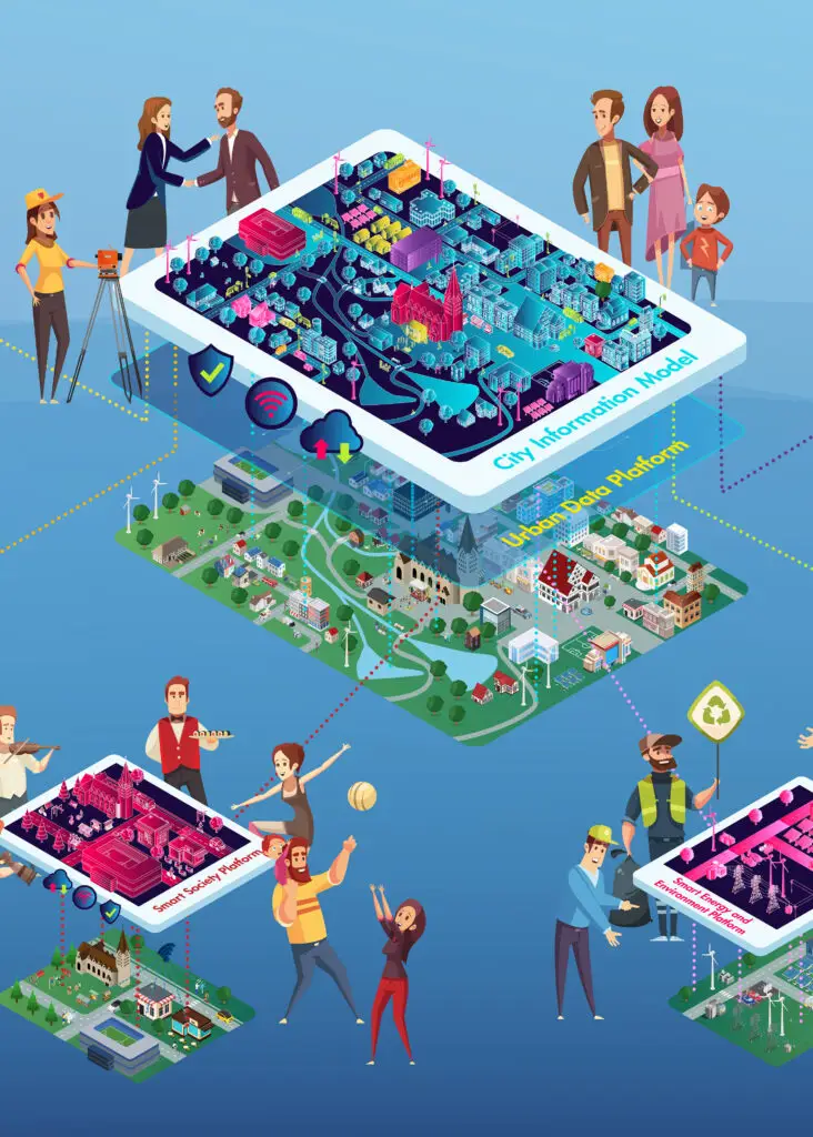 Isometrische Illustration der digitalen Stadt Paderborn – Visualisierung neuer urbaner Prozesse von Mareike Pennig