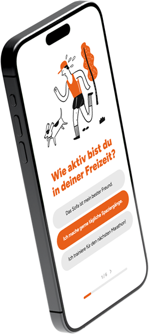 Mockup des Fragen-Screens in der App „Paws“, Nutzer beantworten erste Fragen zur Personalisierung