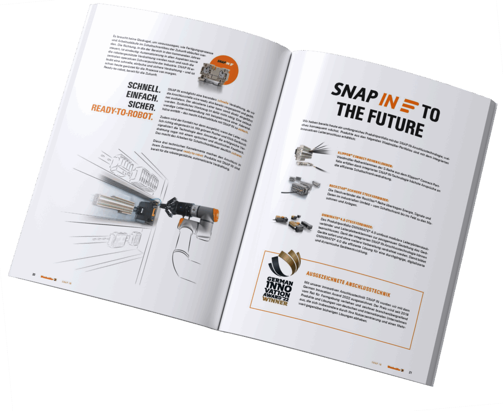Mockup einer Magazin-Innenseite mit Produktvorstellungen im Corporate Design