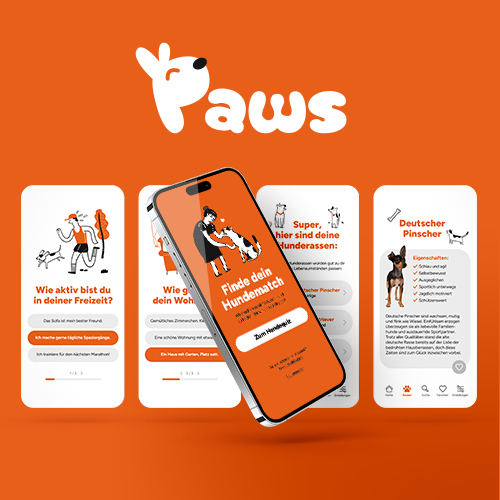 Mockup der Hunde-App „Paws“ mit App-Screens und Logo, gestaltet von Freelance Mediengestalterin Mareike – Logo, Branding und UX/UI-Design, Portfolio-Arbeit