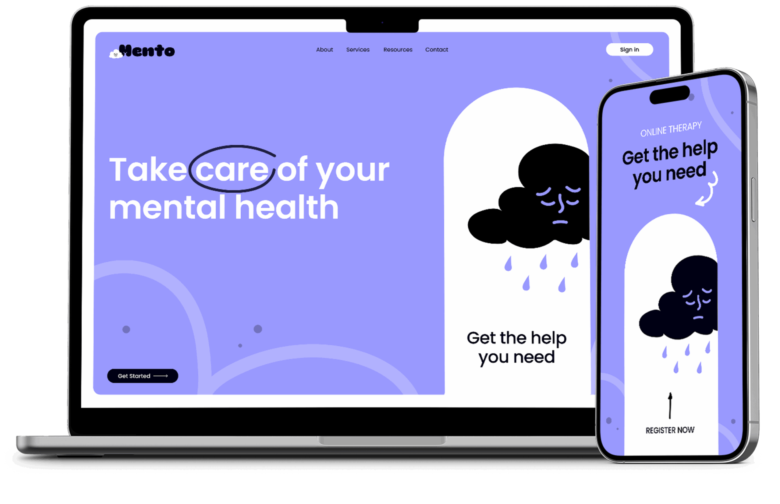 Mockup der Startseite der Mental-Health-Plattform „Mento“ auf Smartphone und Laptop im responsiven Webdesign