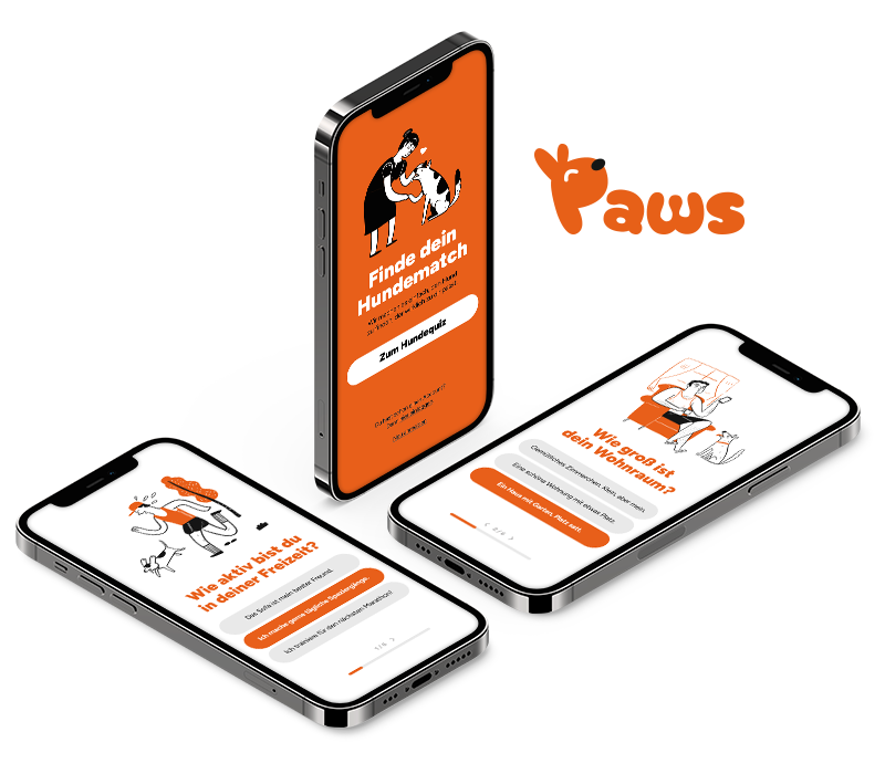 Mockup der App „Paws“ mit drei Smartphones, App-Screens und Logo im Überblick