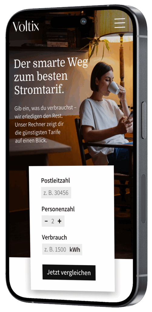 Mockup der Startseite von Voltix auf dem Smartphone – Hero-Bereich der Stromvergleichs-Website im mobilen Design