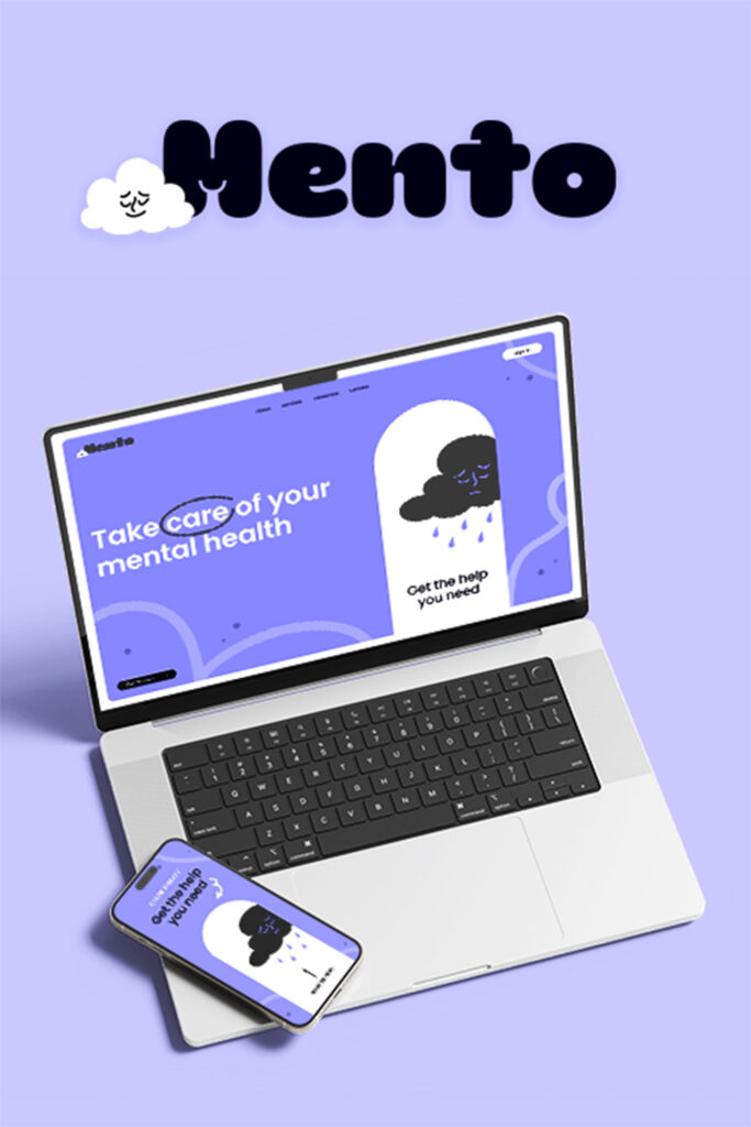 Mockup der Mental-Health-Plattform „Mento“ mit Logo, Farbkonzept und responsivem Webdesign – gestaltet von Freelance Mediendesignerin Mareike, UX/UI-Design und Branding, Portfolio