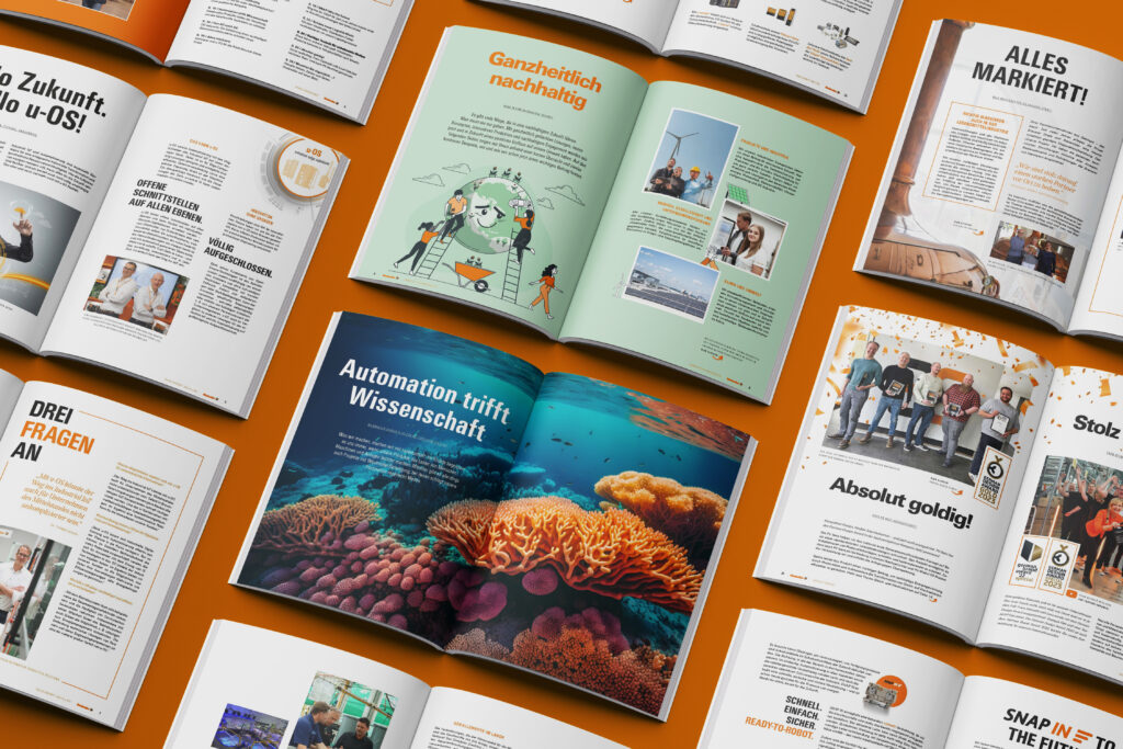 Mockup mit mehreren gestalteten Innenseiten des Kundenmagazins im Editorial Design