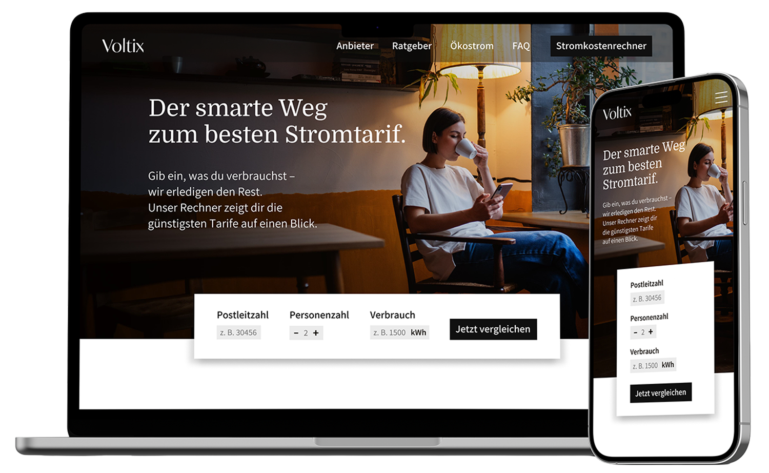 Mockup von Laptop und Smartphone mit Hero-Bereich der responsiven Website für Voltix, Stromvergleichsplattform