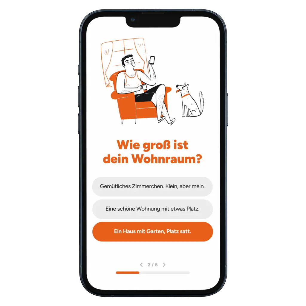 UX/UI-Design für Hunde-App – Frage „Wie groß ist dein Wohnraum?“ auf Smartphone-Screen, gestaltet von Mareike Pennig