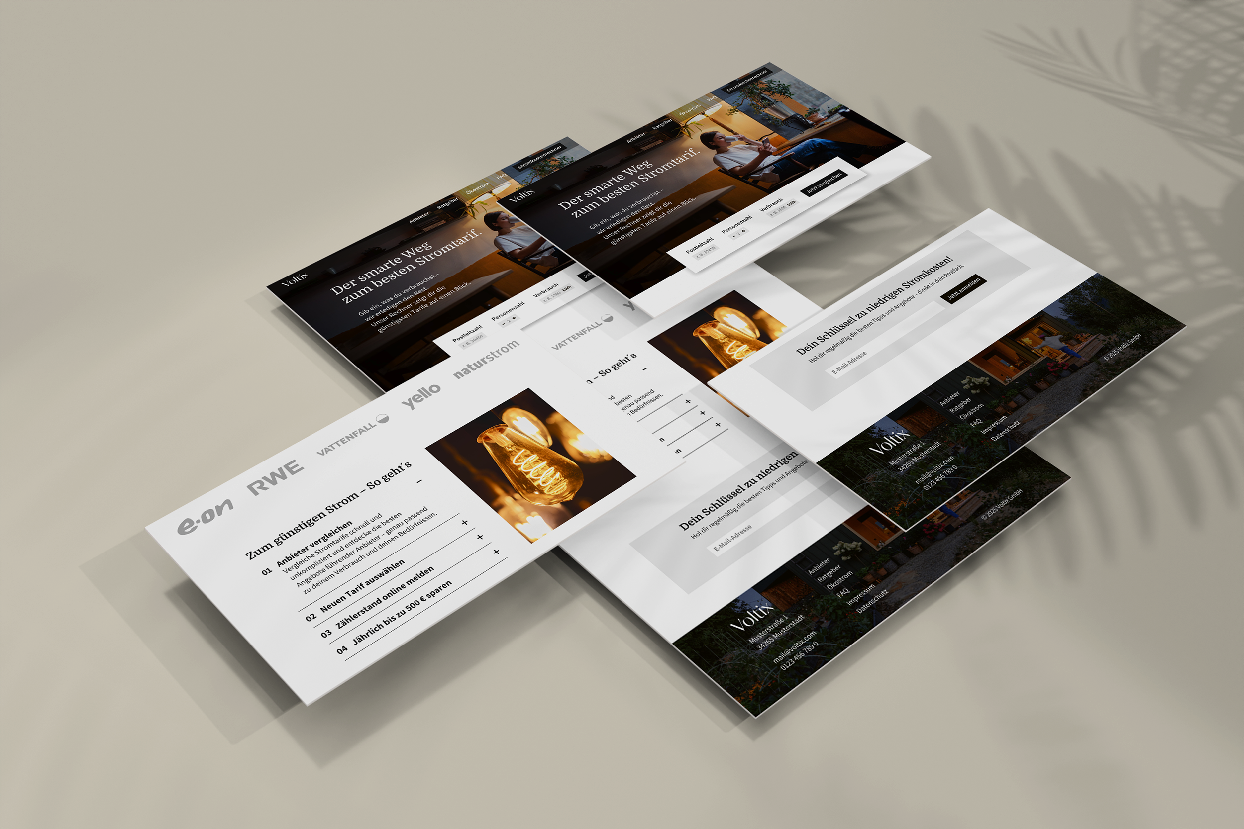 Mockup der kompletten Website für Voltix, Stromvergleichsplattform mit responsivem Webdesign