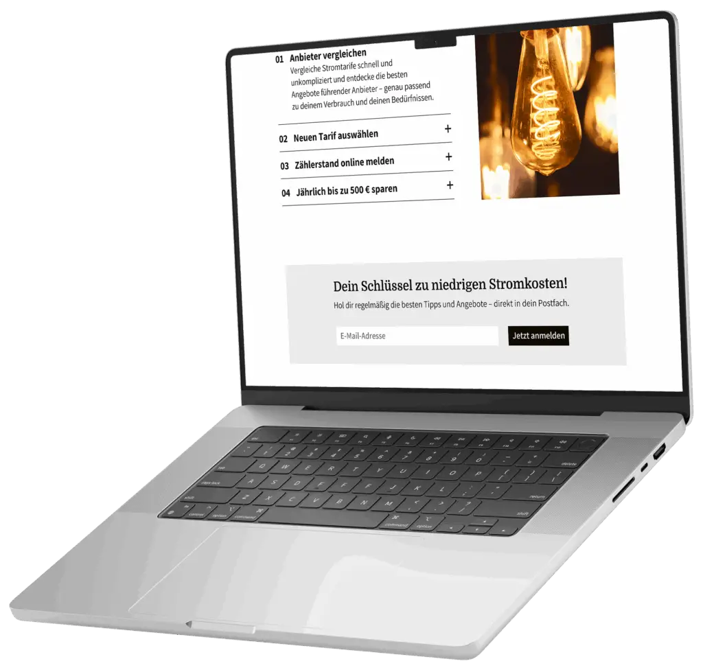 Webdesign für Stromanbieter-Vergleich – Schritt-für-Schritt-Anleitung und Newsletter-Anmeldung, gestaltet von Mareike Pennig
