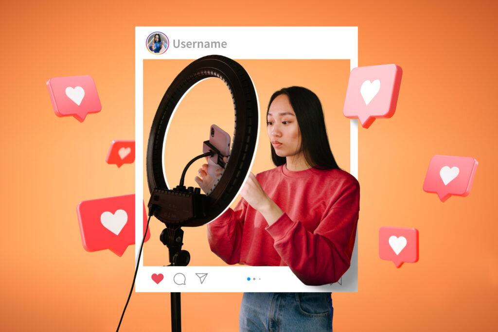 Frau nimmt Instagram-Content mit dem Smartphone auf, modern und social-media-orientiert