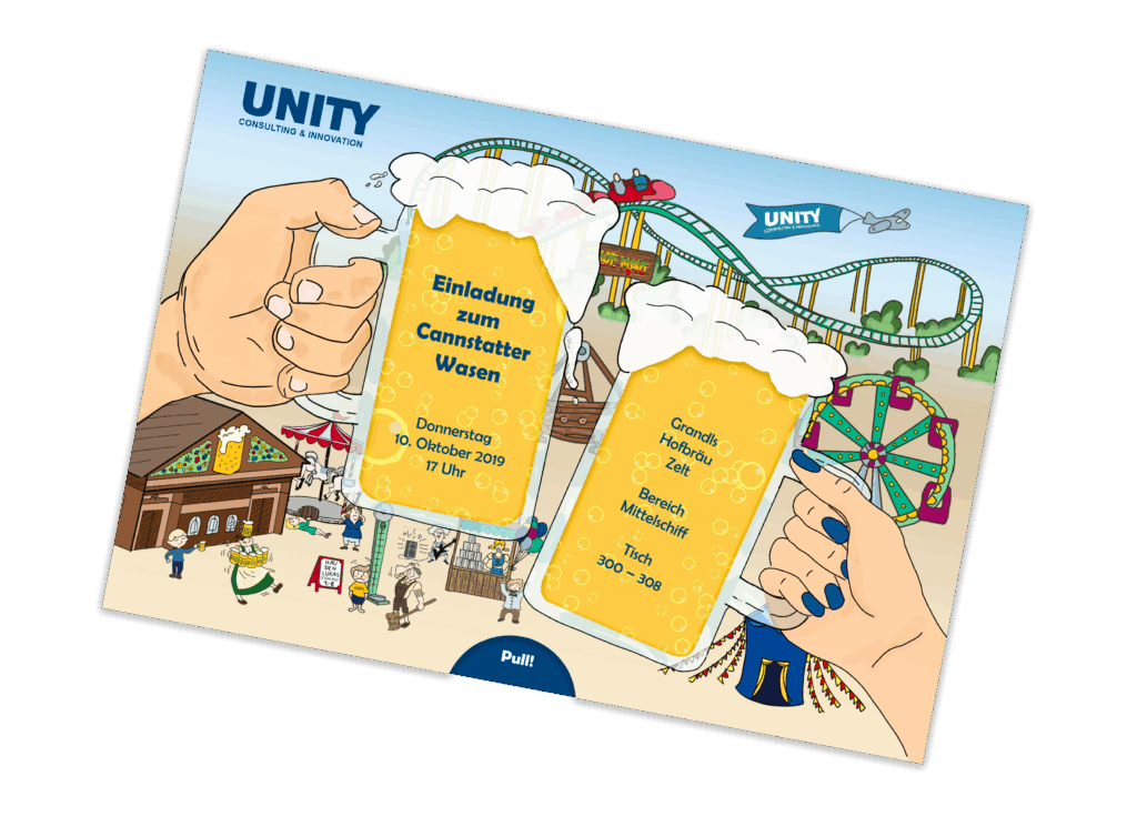 Kreative Einladungskarte mit individueller Stanzform und handgezeichneten Illustrationen für Kundenveranstaltung auf dem Cannstatter Wasen