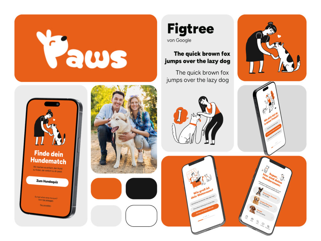Bento Grid mit Corporate Design der Hunde-App „Paws“ inklusive Mockups, Logo, Farben, Schrift und Illustrationen auf Smartphones